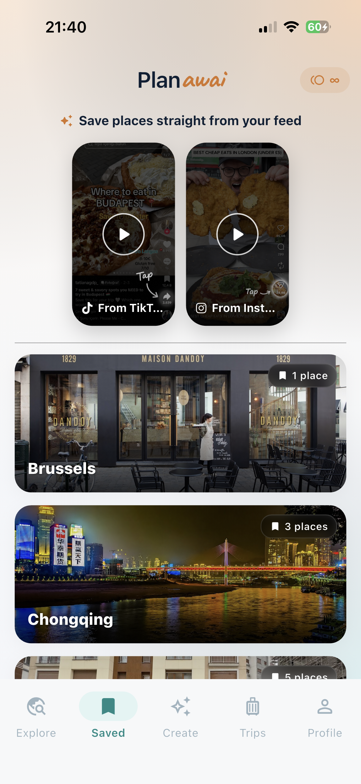 Places saved from TikTok and Instagram, grouped by city