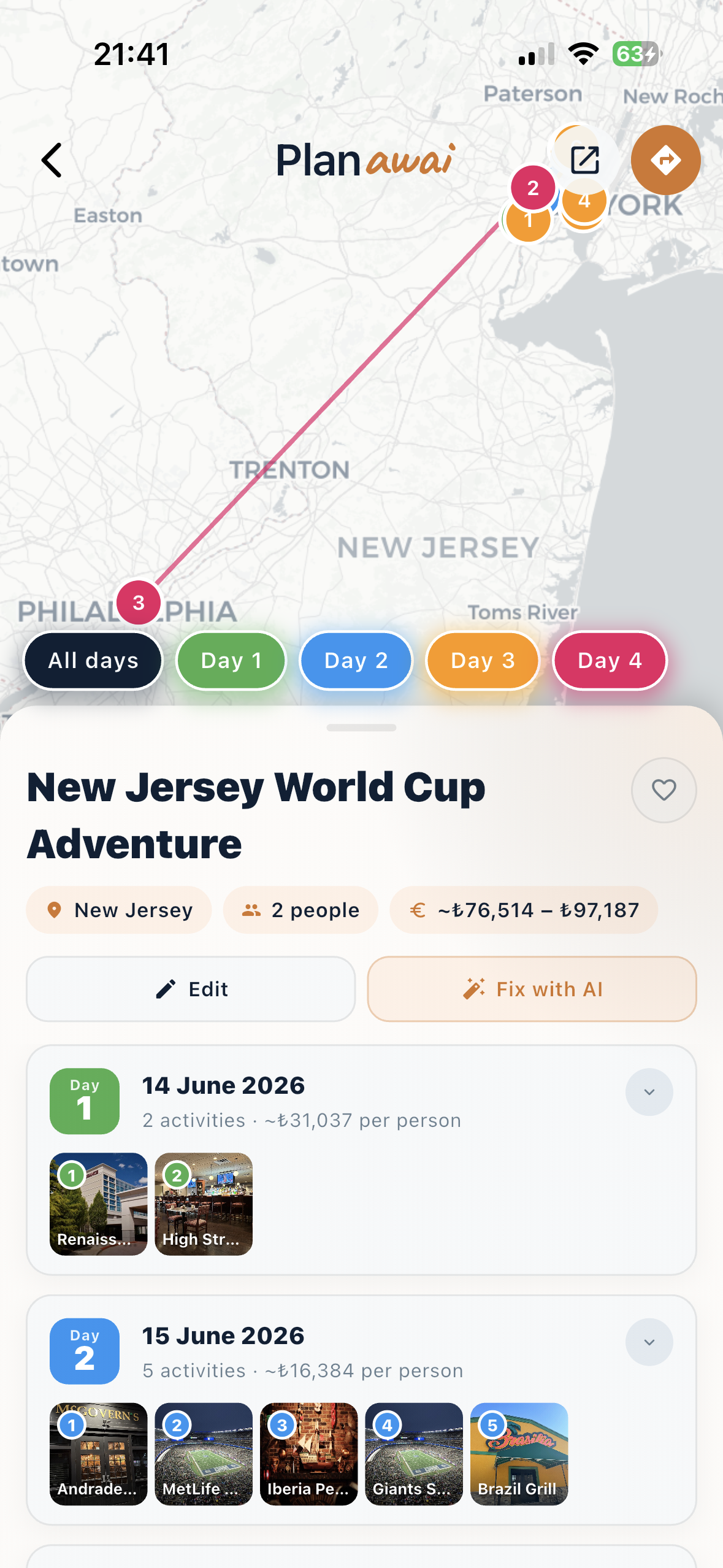 Trip overview with day cards and budget