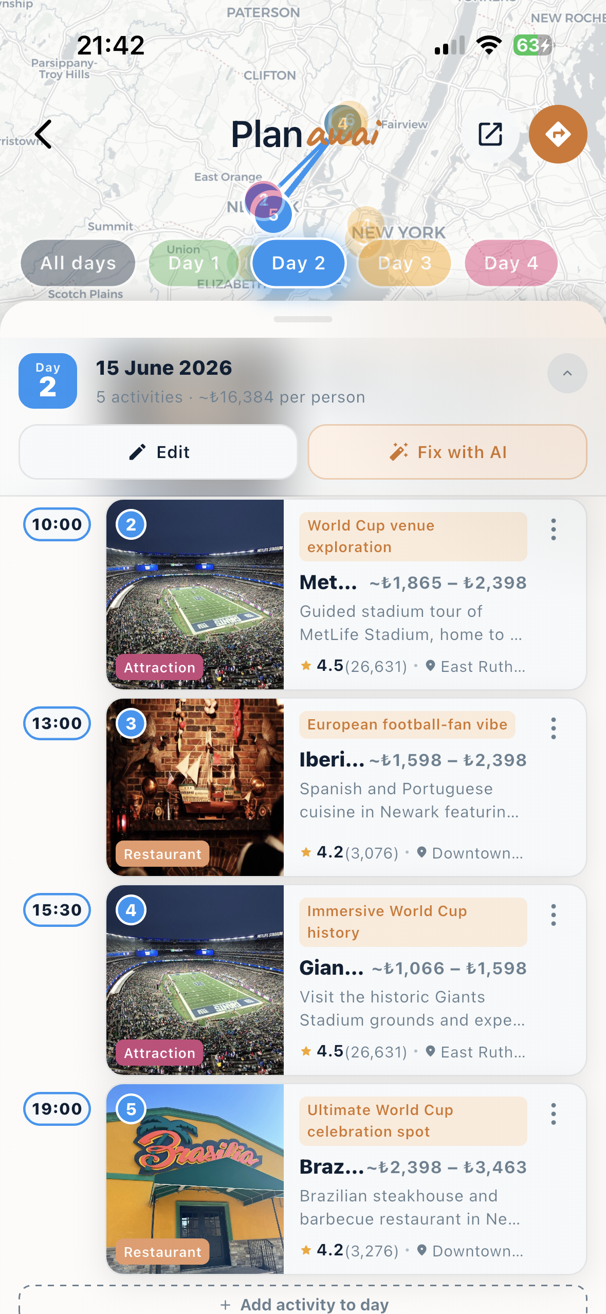 Day-by-day itinerary detail with times