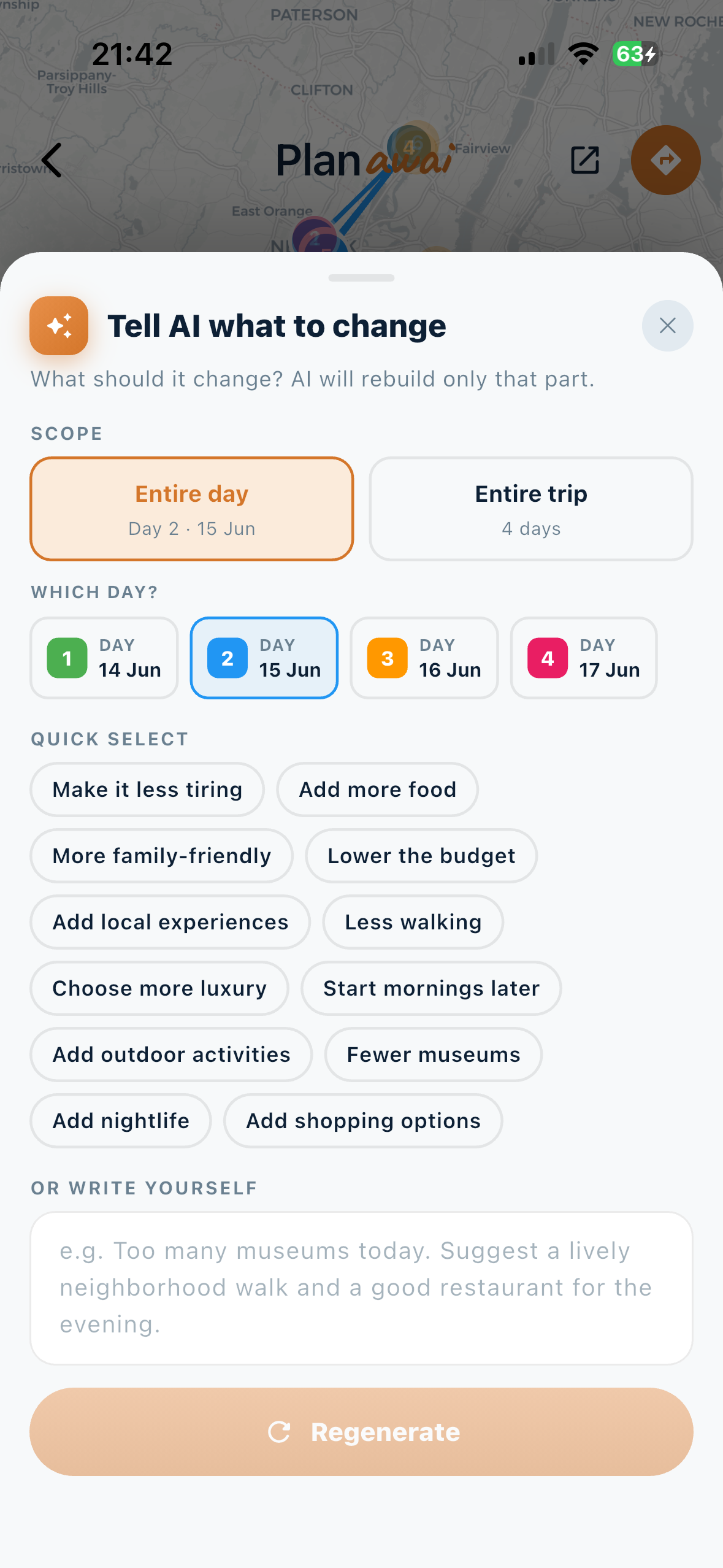 Chat with the AI to refine your itinerary