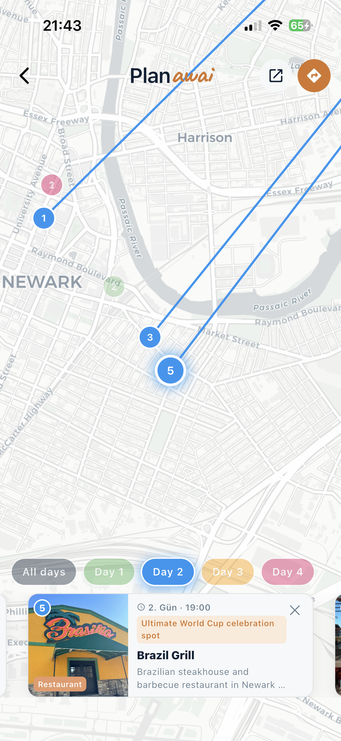Map view of one day of the trip